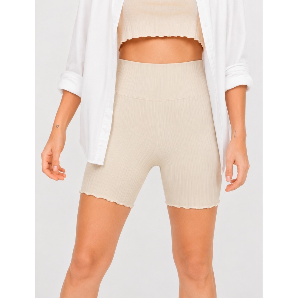 OFFLINE by Aerie Ribbed Bike Shorts Cream Beige Lettuce Edge High Waist L